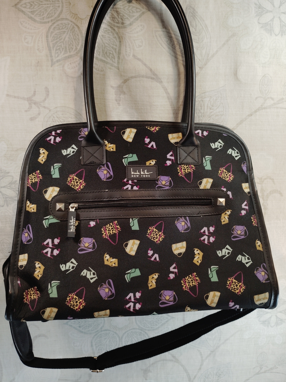Nicole Miller Moda Luxe New York Black Crossbody Satchel with Multicolor Print